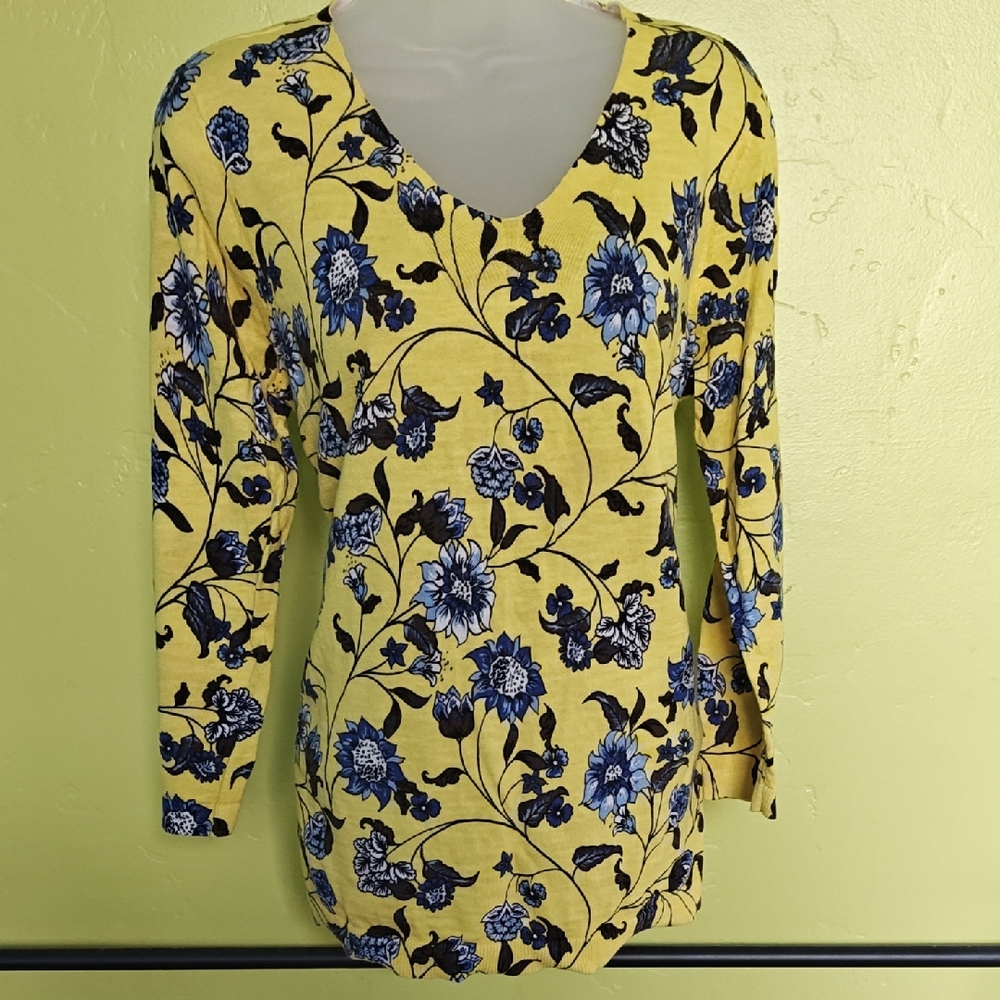 Talbots Yellow Long-Sleeve V-Neck Sweater with Blue Floral Print